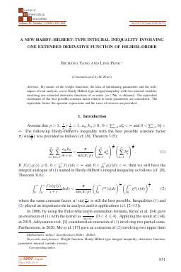 First page of A new Hardy-Hilbert-type integral inequality involving one extended derivative function of higher-order