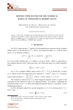 First page of Refined upper bounds for the numerical radius of operators in Hilbert spaces