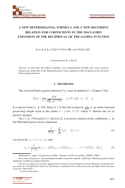First page of A new determinantal formula and a new recursive relation for coefficients in the Maclaurin expansion of the reciprocal of the gamma function
