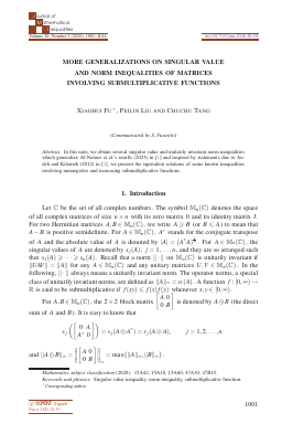 First page of More generalizations on singular value and norm inequalities of matrices involving submultiplicative functions