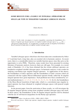 First page of Some results for a family of integral operators of singular type in weighted variable Lebesgue spaces