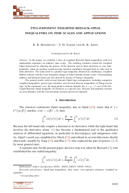 First page of Two-exponent weighted Beesack-Opial inequalities on time scales and applications