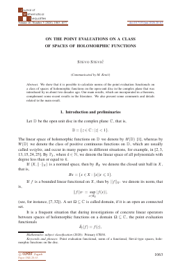 First page of On the point evaluations on a class of spaces of holomorphic functions
