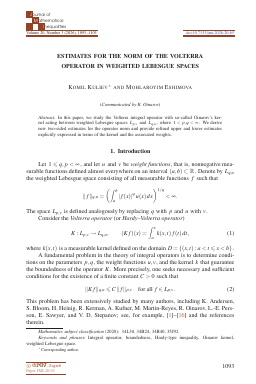 First page of Estimates for the norm of the Volterra operator in weighted Lebesgue spaces