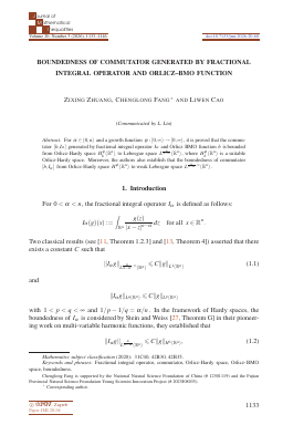 First page of Boundedness of commutator generated by fractional integral operator and Orlicz-BMO function