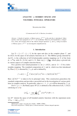 First page of Analytic α-Morrey spaces and Volterra integral operators