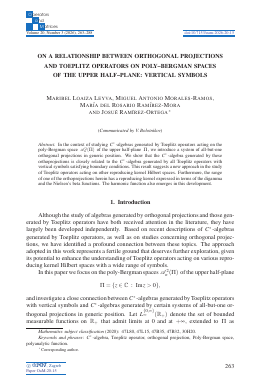 First page of On a relationship between orthogonal projections and Toeplitz operators on poly-Bergman spaces of the upper half-plane: vertical symbols