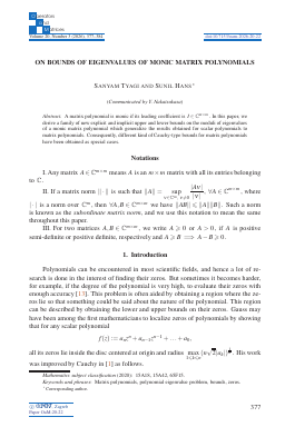 First page of On bounds of eigenvalues of monic matrix polynomials